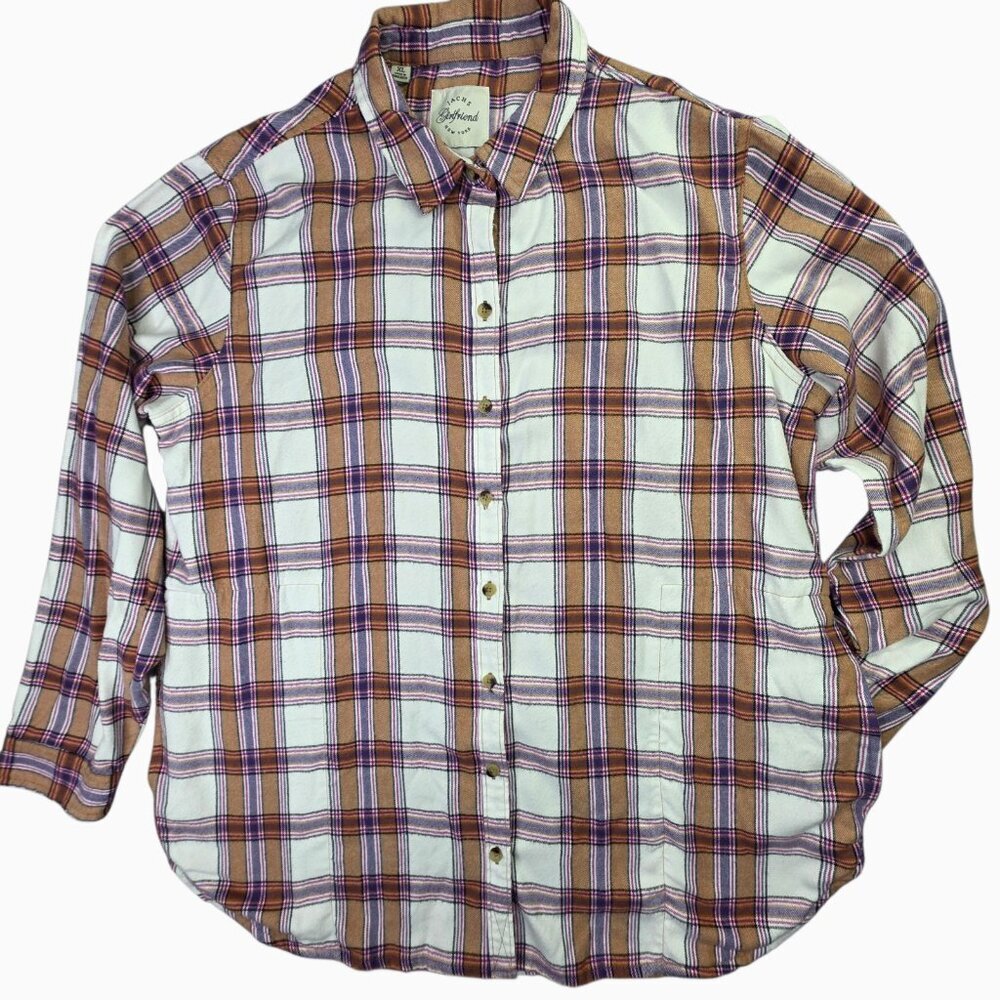 Jachs Girlfriend New York Flannel Shirt Women XL Brown Pink Plaid Shacket Pocket